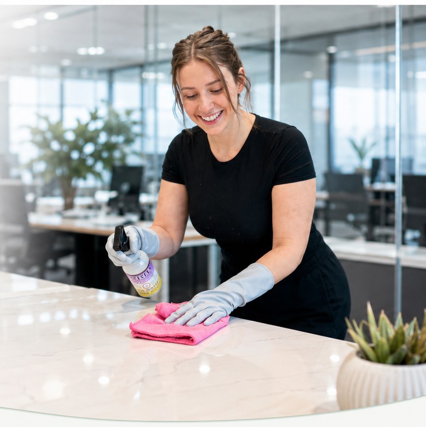 Clean Slate owner wiping down a marble countertop in a Twin Cities office